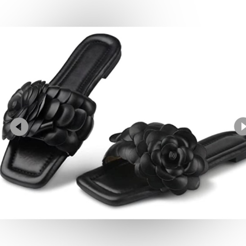 NWT Women’s Black Floral Petal Sandal Slides, Sz 7